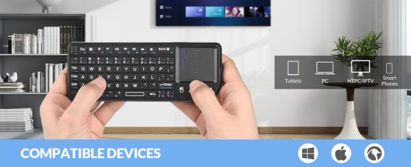 Rii X1 Plus mini draadloos toetsenbord met touchpad, Bluetooth/2,4GHz, witte verlichting, USB-C oplaadbaar