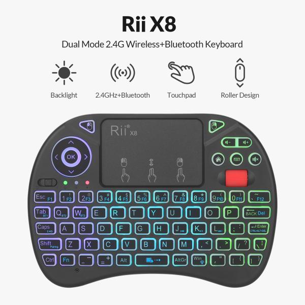 Rii X8BT, mini draadloos toetsenbord met touchpad, Bluetooth 5.0 + 2.4GHz, RGB-verlichting, oplaadbaar, USB-C