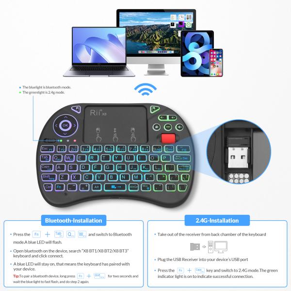 Rii X8BT, mini draadloos toetsenbord met touchpad, Bluetooth 5.0 + 2.4GHz, RGB-verlichting, oplaadbaar, USB-C