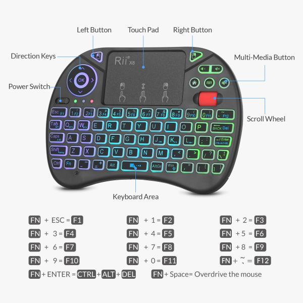 Rii X8BT, mini draadloos toetsenbord met touchpad, Bluetooth 5.0 + 2.4GHz, RGB-verlichting, oplaadbaar, USB-C