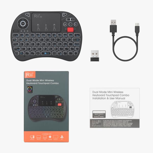 Rii X8BT, mini draadloos toetsenbord met touchpad, Bluetooth 5.0 + 2.4GHz, RGB-verlichting, oplaadbaar, USB-C