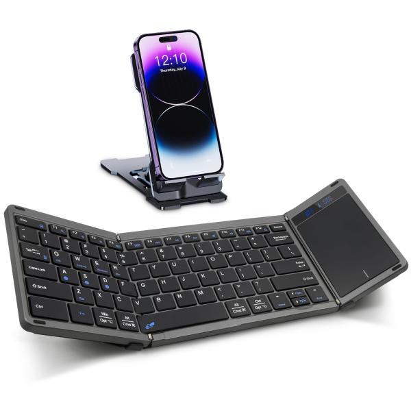 Rii RK809 Pro opvouwbaar Bluetooth-toetsenbord met touchpad, 3 apparaten, USB-C oplaadbaar, zwart
