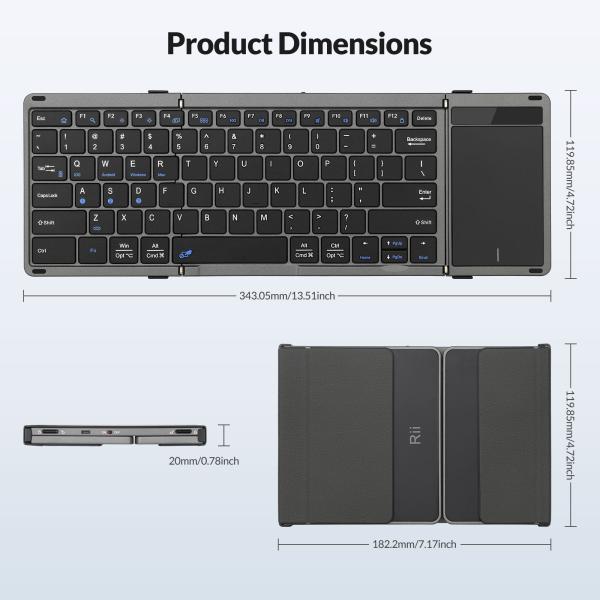 Rii RK809 Pro opvouwbaar Bluetooth-toetsenbord met touchpad, 3 apparaten, USB-C oplaadbaar, zwart