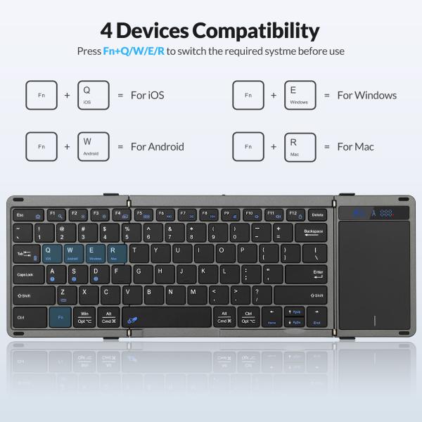 Rii RK809 Pro opvouwbaar Bluetooth-toetsenbord met touchpad, 3 apparaten, USB-C oplaadbaar, zwart