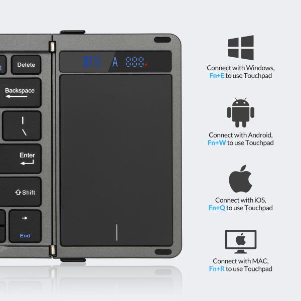 Rii RK809 Pro opvouwbaar Bluetooth-toetsenbord met touchpad, 3 apparaten, USB-C oplaadbaar, zwart