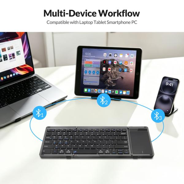 Rii RK809 Pro opvouwbaar Bluetooth-toetsenbord met touchpad, 3 apparaten, USB-C oplaadbaar, zwart