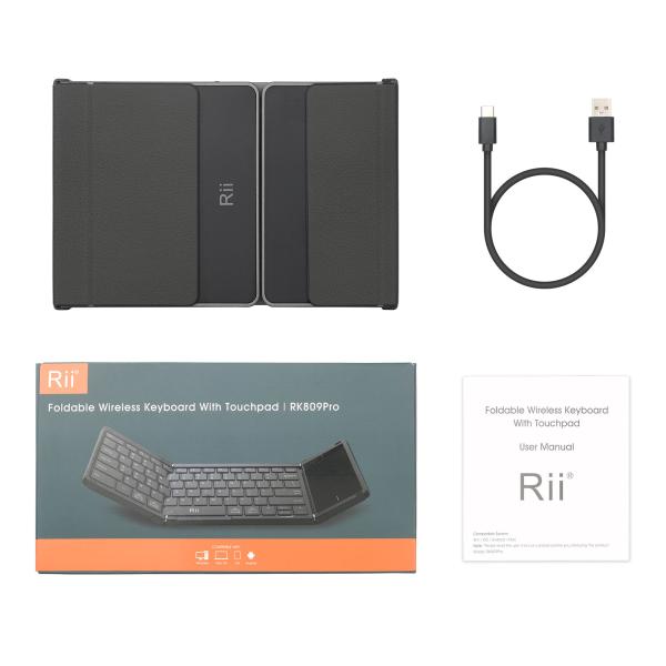 Rii RK809 Pro opvouwbaar Bluetooth-toetsenbord met touchpad, 3 apparaten, USB-C oplaadbaar, zwart