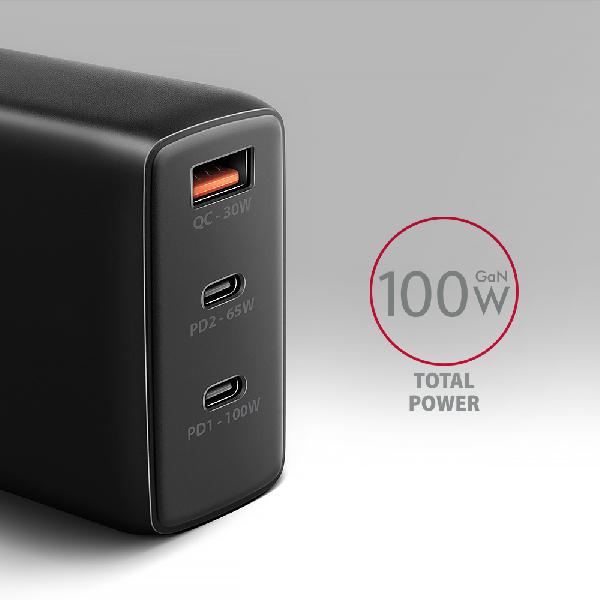 AXAGON ACU-DPQ100 GaN Wall charger, 3x port (USB + dual USB-C), PD3.0/QC4+/PPS/Apple, 100W, black