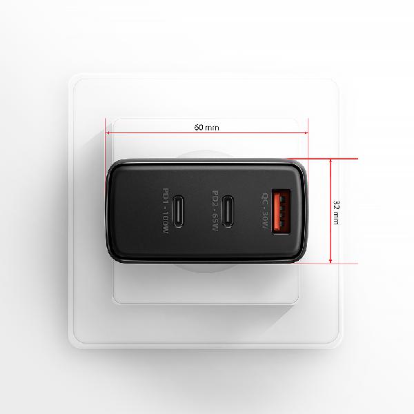 AXAGON ACU-DPQ100 GaN Wall charger, 3x port (USB + dual USB-C), PD3.0/QC4+/PPS/Apple, 100W, black