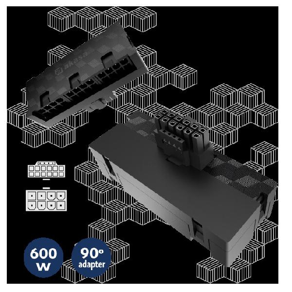 Akasa G-Nexus P24, 90 Degree 12VHPWR Adapter, 12+4Pin male to 3X8Pin female, max 600 Watt