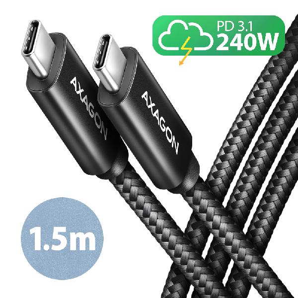 AXAGON BUCM2-CM15AB CHARGE cable USB-C <-> USB-C, 1.5m, Hi-Speed USB, PD 240W 5A ALU braid