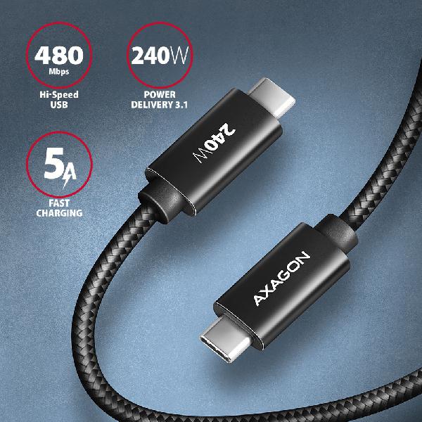 AXAGON BUCM2-CM15AB CHARGE cable USB-C <-> USB-C, 1.5m, Hi-Speed USB, PD 240W 5A ALU braid