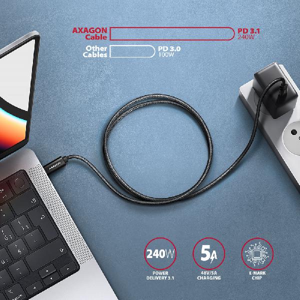 AXAGON BUCM2-CM30AB CHARGE cable USB-C <-> USB-C, 3m, Hi-Speed USB, PD 240W 5A, ALU, braid