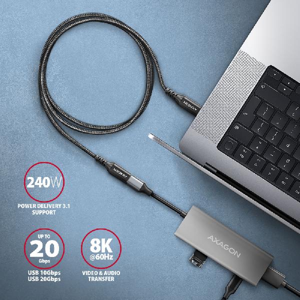 AXAGON BUCM32-CF05AB extensions cable USB-C (M) <-> USB-C (F), 0.5m, USB 20Gbps PD 240W 5A