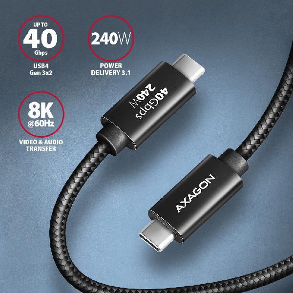 AXAGON BUCM4X-CM10AB NewGEN+ cable USB-C <-> USB-C, 1m, USB4 Gen 3.2, PD 240W, 8K HD, ALU