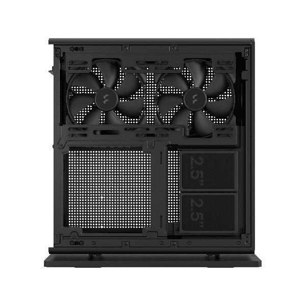 Fractal Design Ridge Black mITX Case, PCIe 4.0 riser installed. horizonal of vertical use, 2 x 140 mm PWM Aspect fan pre-installed