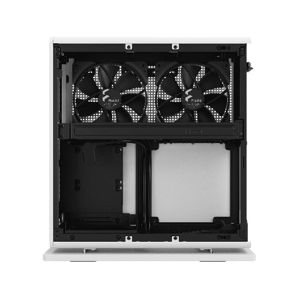 Fractal Design Ridge White mITX Case, PCIe 4.0 riser installed. horizonal of vertical use, 2 x 140 mm PWM Aspect fan pre-installed