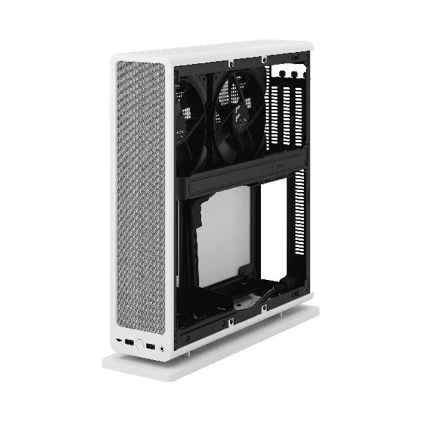 Fractal Design Ridge White mITX Case, PCIe 4.0 riser installed. horizonal of vertical use, 2 x 140 mm PWM Aspect fan pre-installed