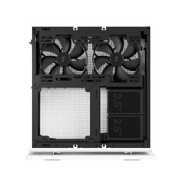 Fractal Design Ridge White mITX Case, PCIe 4.0 riser installed. horizonal of vertical use, 2 x 140 mm PWM Aspect fan pre-installed