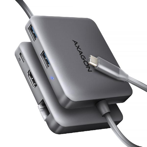 AXAGON HMC-5HL USB 5Gbps hub, 2x USB-A, HDMI 4k/60Hz, RJ-45, PD 100W, 20cm USB-C cable