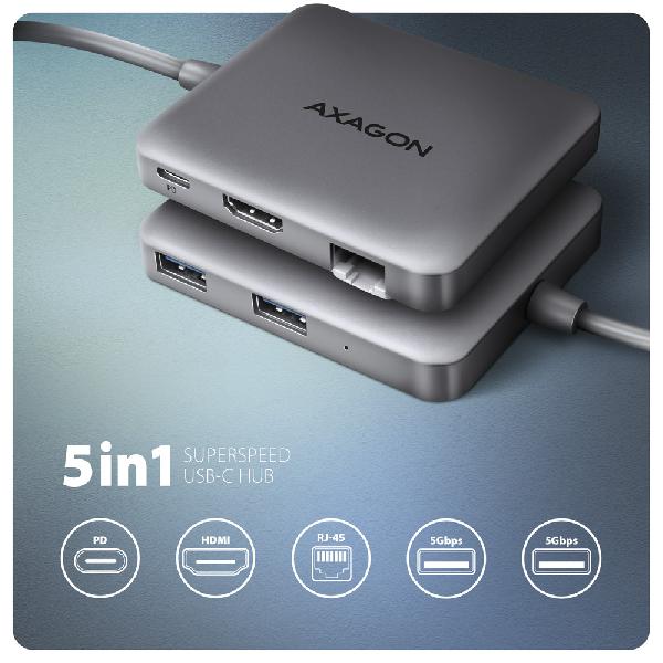 AXAGON HMC-5HL USB 5Gbps hub, 2x USB-A, HDMI 4k/60Hz, RJ-45, PD 100W, 20cm USB-C cable