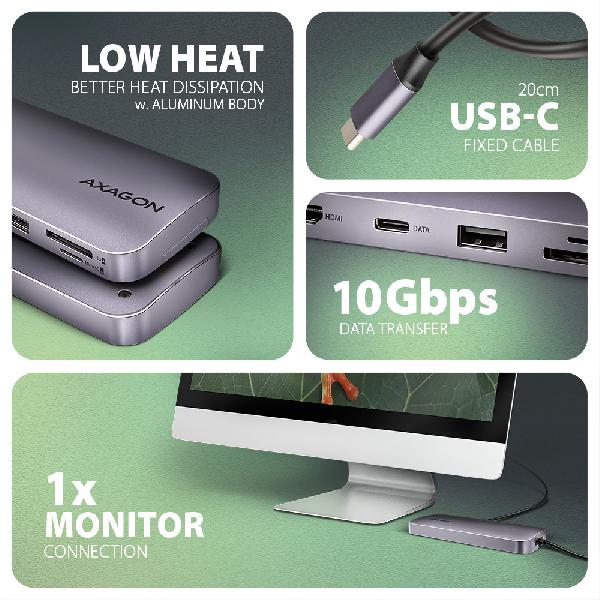 AXAGON HMC-6GM2, USB 10Gbps hub, USB-A, USB-C, HDMI, M.2, SD/mSD, PD 100W, USB-C cable