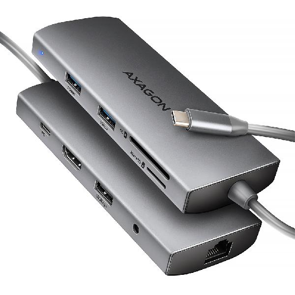 AXAGON HMC-8HLSA, USB 5Gbps hub, 3x USB-A, HDMI 4k/60Hz, RJ-45, SD/microSD, audio, PD 100W