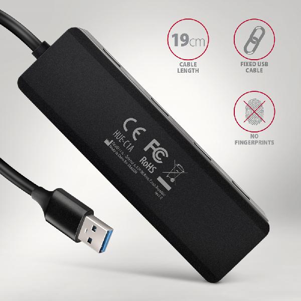 AXAGON HUE-C1A 4x USB 5Gbps TRAVEL hub, USB-A power IN, 19cm USB-A cable