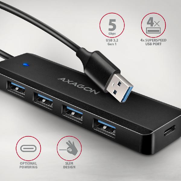 AXAGON HUE-C1A 4x USB 5Gbps TRAVEL hub, USB-A power IN, 19cm USB-A cable