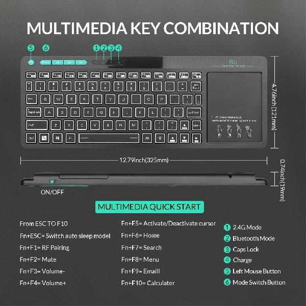 Rii mini K18S comfortabel media keyboard met functietoetsen en touchpad (2.4G en bluetooth), 367 * 130 * 16mm, 280 mAh accu