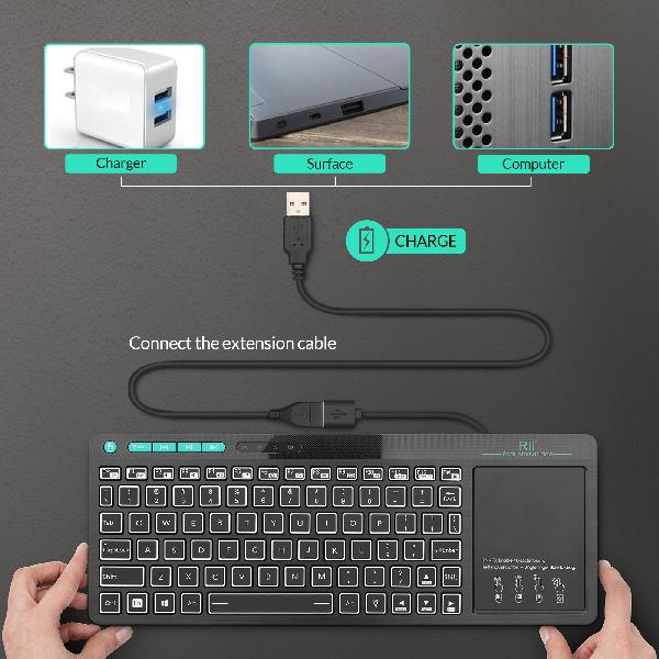 Rii mini K18S comfortabel media keyboard met functietoetsen en touchpad (2.4G en bluetooth), 367 * 130 * 16mm, 280 mAh accu