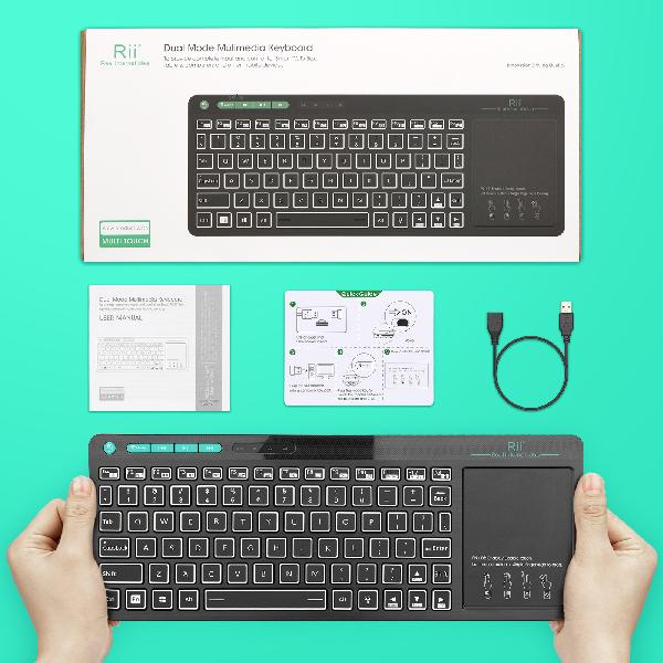 Rii mini K18S comfortabel media keyboard met functietoetsen en touchpad (2.4G en bluetooth), 367 * 130 * 16mm, 280 mAh accu