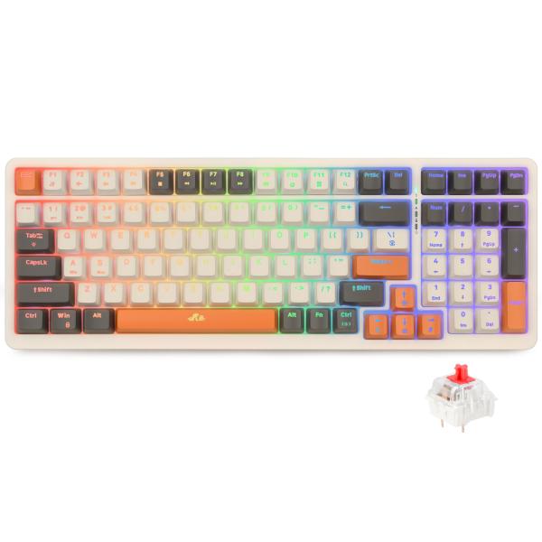Rii RK909, mechanisch gaming toetsenbord, 100 toetsen, Red switches, tri-mode 2.4GHz draadloos, Bluetooth en USB bekabeld, 20 LED backlight modi, oplaadbare accu, compatibel met Windows, macOS en smartphone