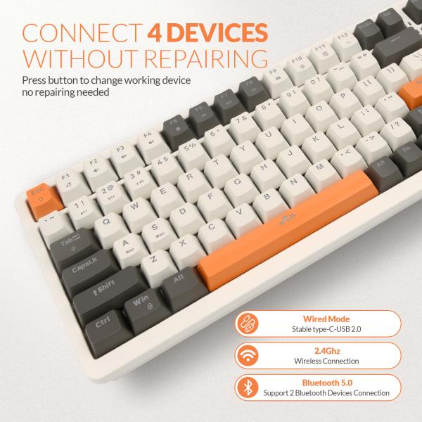 Rii RK909, mechanisch gaming toetsenbord, 100 toetsen, Red switches, tri-mode 2.4GHz draadloos, Bluetooth en USB bekabeld, 20 LED backlight modi, oplaadbare accu, compatibel met Windows, macOS en smartphone