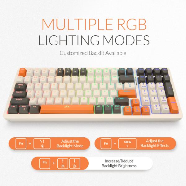 Rii RK909, mechanisch gaming toetsenbord, 100 toetsen, Red switches, tri-mode 2.4GHz draadloos, Bluetooth en USB bekabeld, 20 LED backlight modi, oplaadbare accu, compatibel met Windows, macOS en smartphone