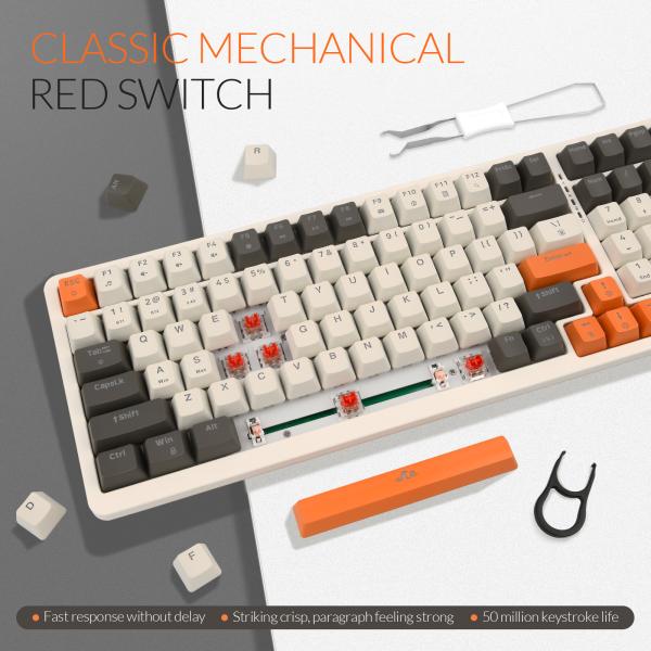 Rii RK909, mechanisch gaming toetsenbord, 100 toetsen, Red switches, tri-mode 2.4GHz draadloos, Bluetooth en USB bekabeld, 20 LED backlight modi, oplaadbare accu, compatibel met Windows, macOS en smartphone