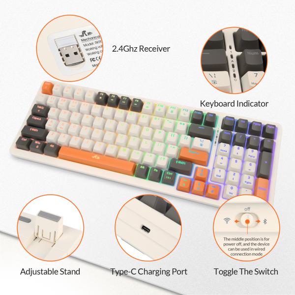 Rii RK909, mechanisch gaming toetsenbord, 100 toetsen, Red switches, tri-mode 2.4GHz draadloos, Bluetooth en USB bekabeld, 20 LED backlight modi, oplaadbare accu, compatibel met Windows, macOS en smartphone