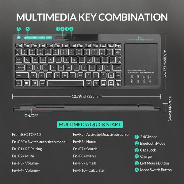 Rii mini K18S comfortabel media keyboard met functietoetsen en touchpad (2.4G en bluetooth), 367 * 130 * 26mm, 280 mAh accu