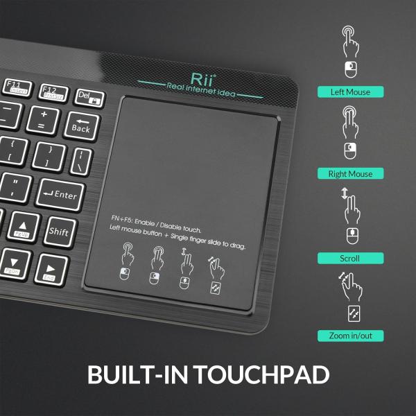 Rii mini K18S comfortabel media keyboard met functietoetsen en touchpad (2.4G en bluetooth), 367 * 130 * 26mm, 280 mAh accu
