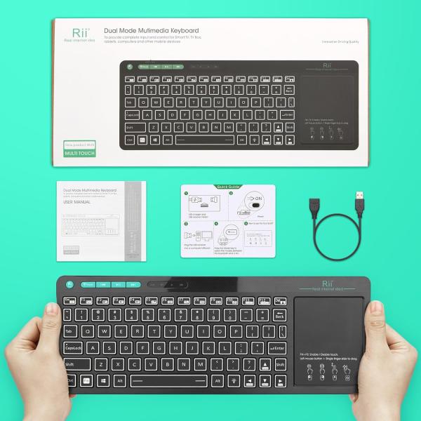 Rii mini K18S comfortabel media keyboard met functietoetsen en touchpad (2.4G en bluetooth), 367 * 130 * 26mm, 280 mAh accu