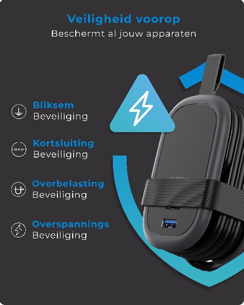 Voomy Power S1 - Stekkerdoos 1 USB-C 20W & 2 USB-A 4000W Zwart // Zwart