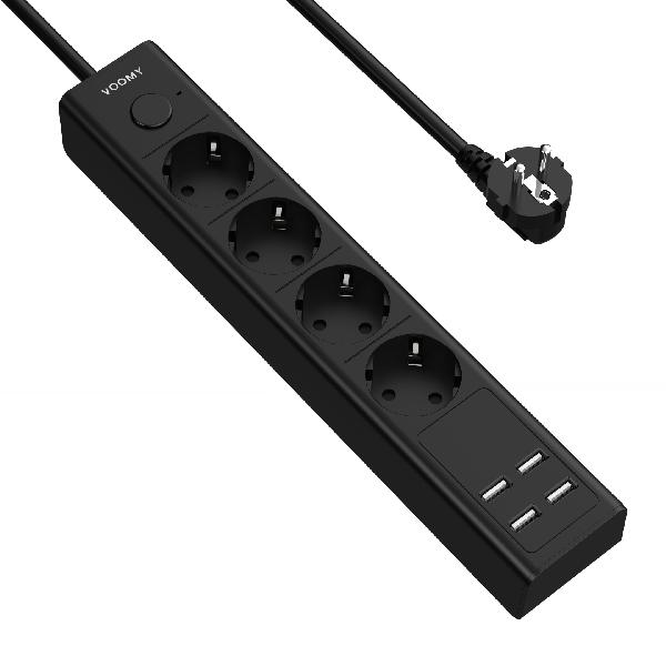 Voomy Power S4 - Platte Stekkerdoos - 4 USB-A & 4 EU - Zwart // Zwart