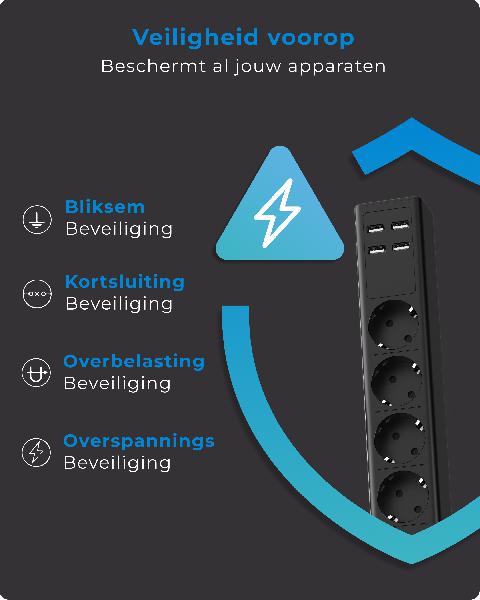 Voomy Power S4 - Platte Stekkerdoos - 4 USB-A & 4 EU - Zwart // Zwart