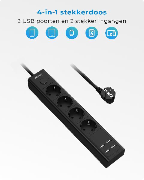 Voomy Power S4 - Platte Stekkerdoos - 4 USB-A & 4 EU - Zwart // Zwart