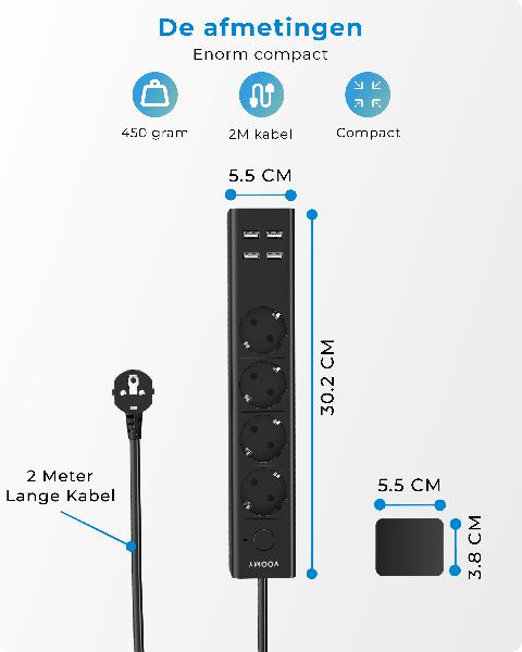 Voomy Power S4 - Platte Stekkerdoos - 4 USB-A & 4 EU - Zwart // Zwart