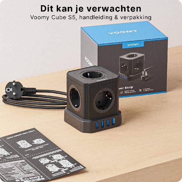 Voomy Power Cube S5 - Stekkerdoos 4 USB-A & 5 EU - Zwart // Zwart