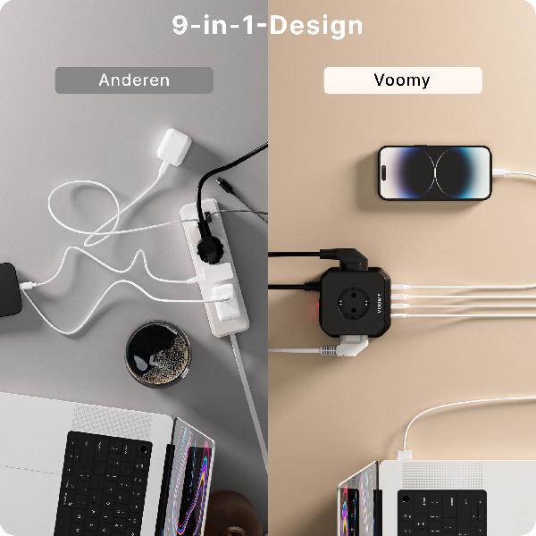 Voomy Power Cube S6 - Stekkerdoos 1 USB-C & 3 USB-A 4000W Zwart // Zwart