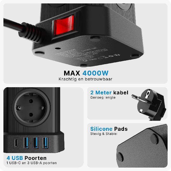 Voomy Power Cube S6 - Stekkerdoos 1 USB-C & 3 USB-A 4000W Zwart // Zwart