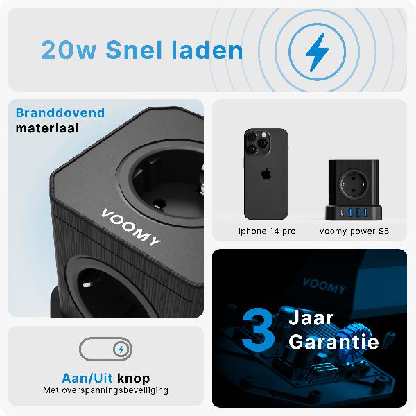 Voomy Power Cube S6 - Stekkerdoos 1 USB-C & 3 USB-A 4000W Zwart // Zwart