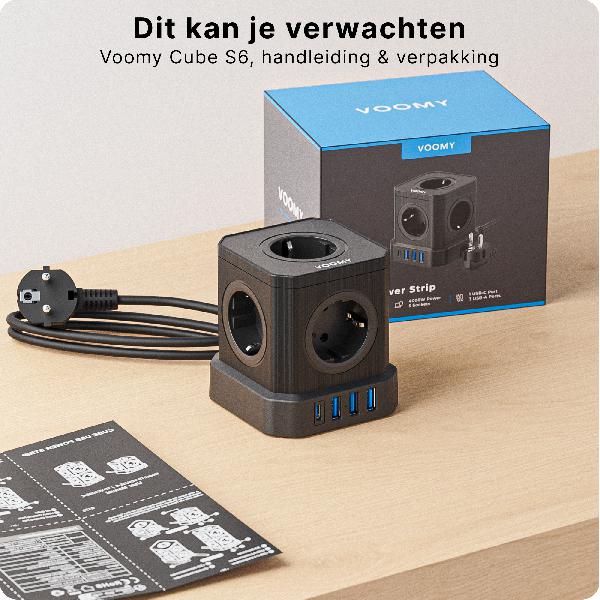 Voomy Power Cube S6 - Stekkerdoos 1 USB-C & 3 USB-A 4000W Zwart // Zwart
